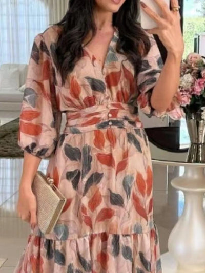 Aureva™ | Full-Size Printed V-Neck Maxi Dress with Tiered Hemline