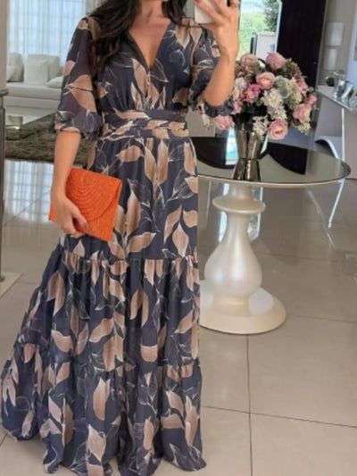 Aureva™ | Full-Size Printed V-Neck Maxi Dress with Tiered Hemline