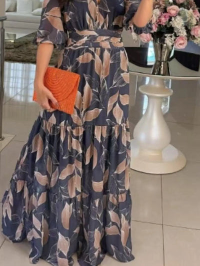 Aureva™ | Full-Size Printed V-Neck Maxi Dress with Tiered Hemline
