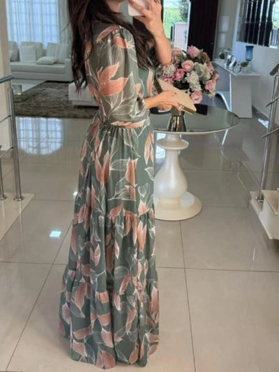 Aureva™ | Full-Size Printed V-Neck Maxi Dress with Tiered Hemline