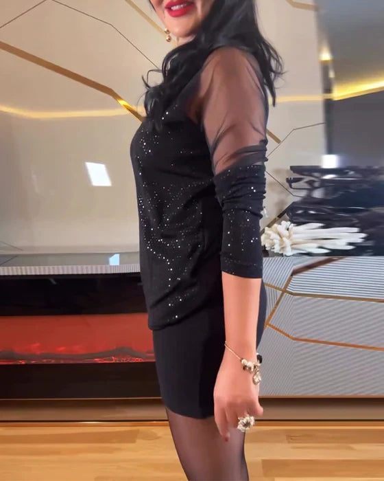 Paola™ – Short V-Neck Mesh Dress with Shimmering Sequins