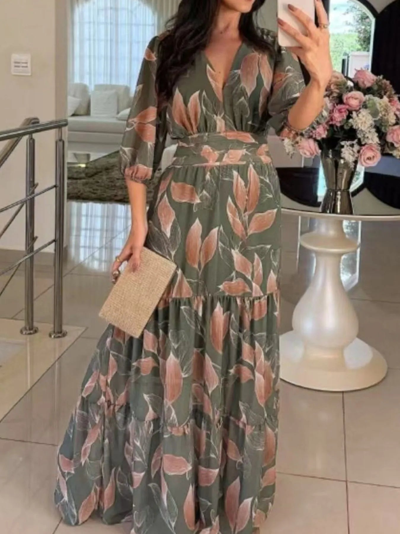 Aureva™ | Full-Size Printed V-Neck Maxi Dress with Tiered Hemline